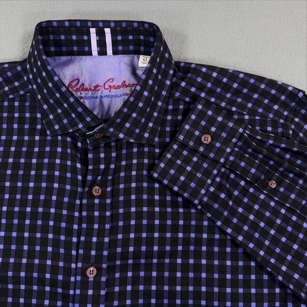 Robert Graham Modern Americana Shirt Mens XL Purple Black Gingham Tailored Fit